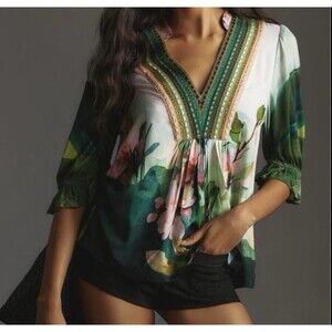 Bl^nk London x Anthropologie STEPHANIE XS Green Floral V-Neck Top BOHO NWT $108